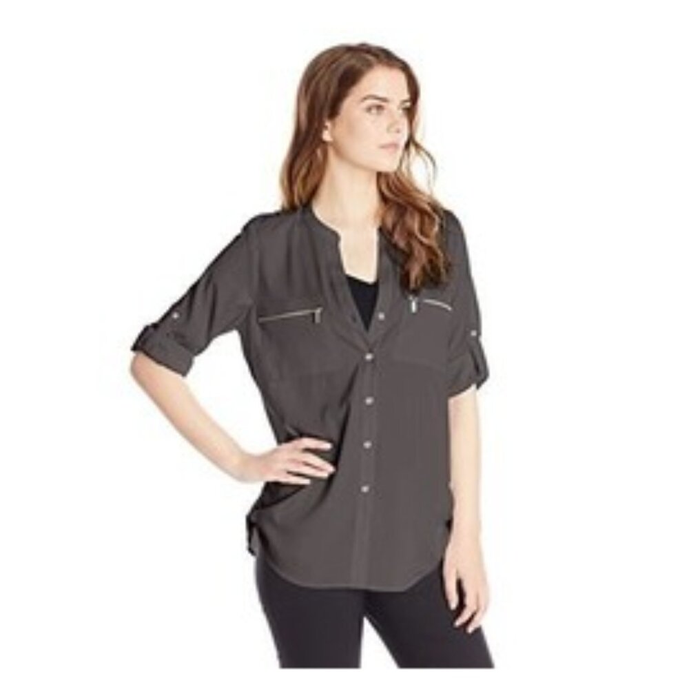 Calvin Klein Womens Green T-Shirt Zipped Long Sleeve V-Neck Size Large